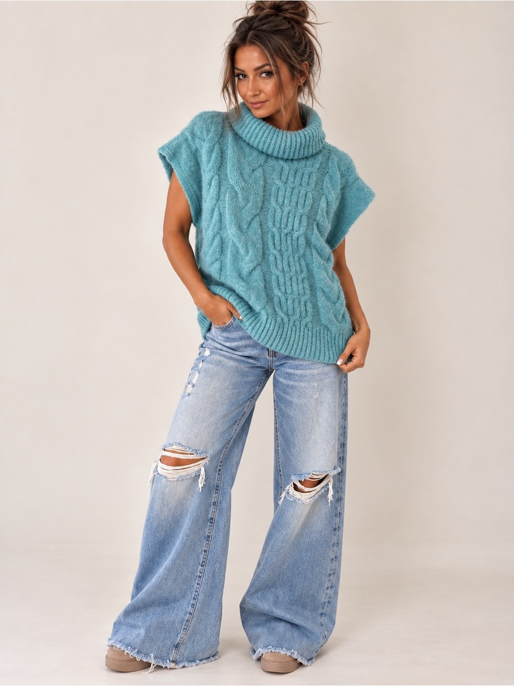 She + Sky Aqua Cable Knit Sleeveless Turtleneck Sweater